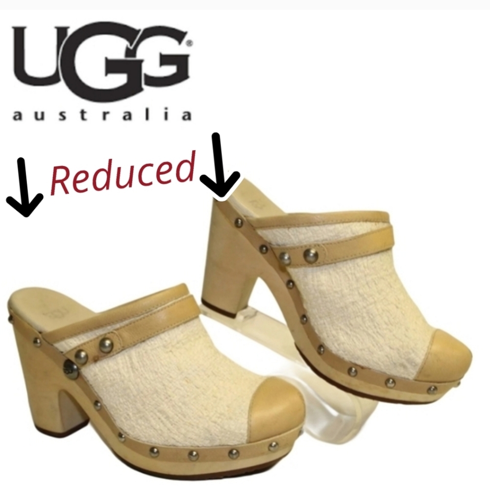 UGG Jolene Womens 7 38 Textile/Leather High Heel Clogs Shoes Swedish Hasbeens